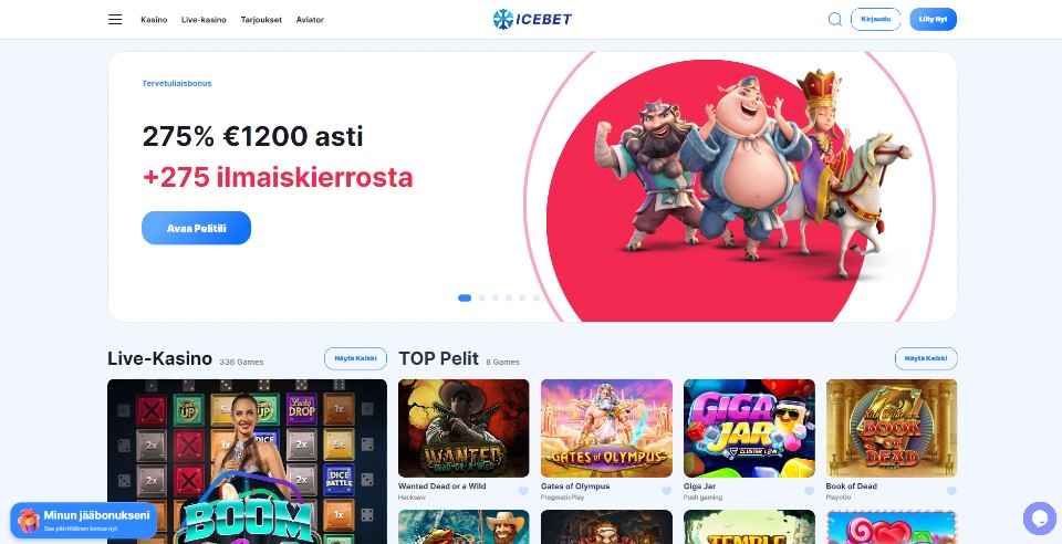 Kuvankaappaus IceBet Casinon etusivusta, näkyvissä tervetuliaisbonus, kolmen peliautomaatin hahmot punaisen ympyrön sisällä, livekasinon kuvake sekä neljä TOP-peliä