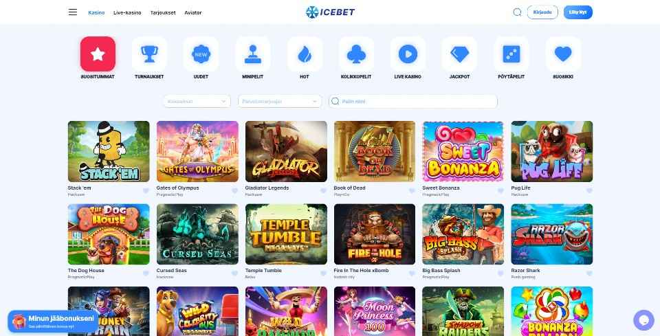 Kuvankaappaus IceBet Casinon peleistä, näkyvissä valikot ja 18 peliautomaatin kuvakkeet