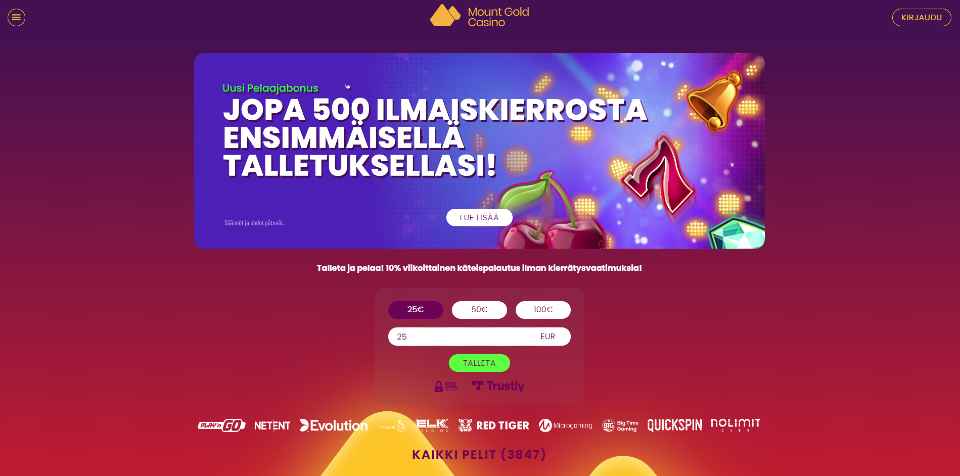 Kuvankaappaus Mount Gold Casinon etusivusta, näkyvissä kasinon logo, tervetuliaisbonus, Pay N Play talletusikkuna ja 10 pelinkehittäjän logot purppuralla taustalla