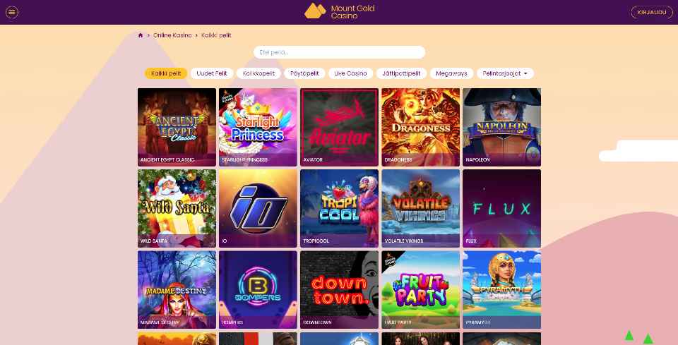 Kuvankaappaus Mount Gold Casinon peliaulasta, näkyvissä kasinon logo, valikot ja 15 peliautomaatin kuvakkeet