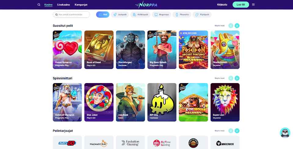 Kuvankaappaus Norppa Kasinon peliaulasta, näkyvissä valikot, 12 peliautomaatin kuvakkeet ja 6 pelinkehittäjän logot