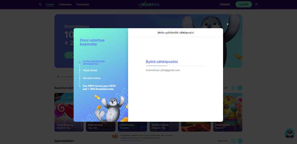 Kuvankaappaus Norppa Kasinon rekisteröitymislomakkeesta, näkyvissä sähköpostikenttä, ohjeet ja norppa kolikoiden keskellä