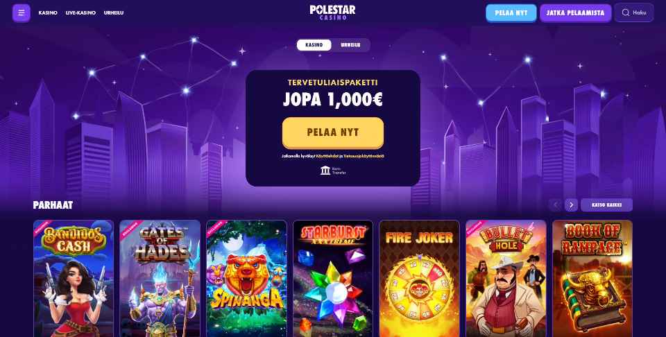 Kuvankaappaus Polestar Casinon etusivusta, näkyvissä violettipohjainen öinen kaupunkimaisema, tervetuliaisbonus, valikot ja 7 peliautomaatin kuvakkeet