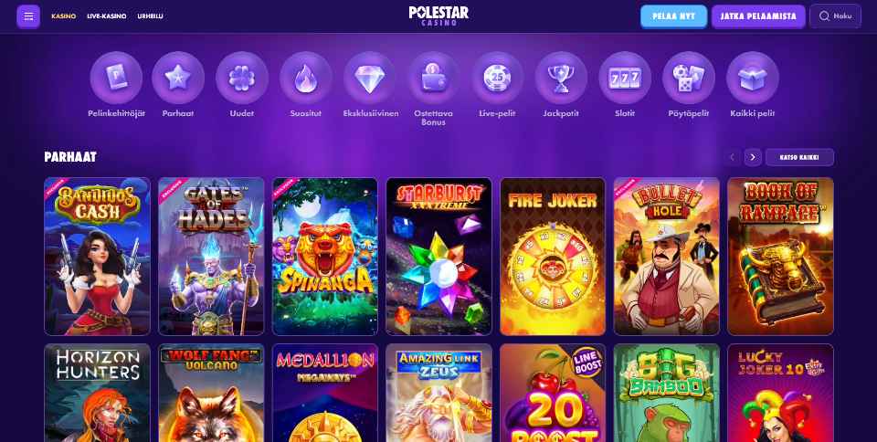 Kuvankaappaus Polestar Casinon peliaulasta, näkyvissä valikot ja 14 peliautomaatin kuvakkeet violetilla taustalla