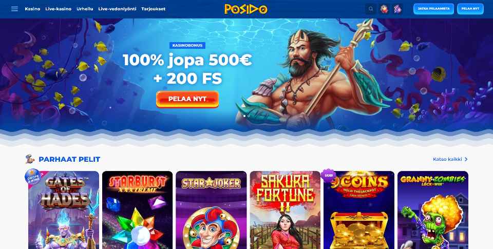 Kuvankaappaus Posido Casinon etusivusta, näkyvissä Ahti merenalaisessa maailmassa, tervetuliaisbonus, valikot ja 6 peliautomaatin kuvakkeet