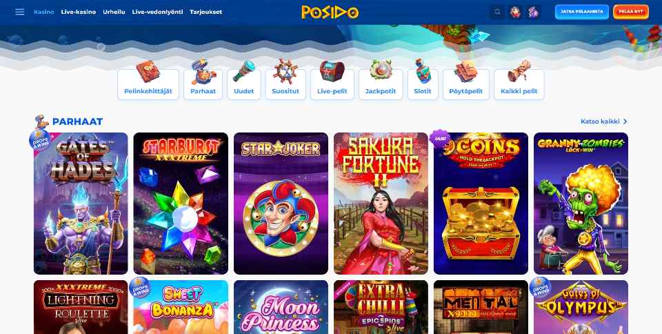 Kuvankaappaus Posido Casinon peliaulasta, näkyvissä pelivalikot ja 12 peliautomaatin kuvakkeet