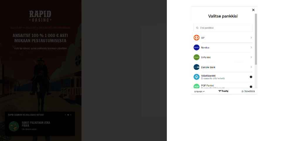Kuvankaappaus Rapid Casinon Pay N Play talletusikkunasta, näkyvissä pankin valinta ja 6 pankin logot sekä Trustlyn logo