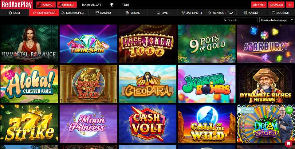 Kuvankaappaus RedAxePlay Casinon peliaulasta, näkyvissä valikot ja 15 pelin kuvakkeet