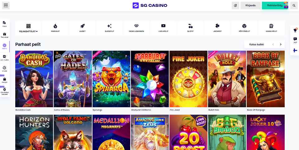 Kuvankaappaus SG Casinon peliaulasta, näkyvissä valikot ja 14 peliautomaatin kuvakkeet valkoisella taustalla