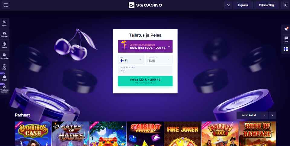 Kuvankaappaus SG Casinon Pay N Play -talletuksesta, näkyvissä talletusikkuna, tervetuliaisbonus, valikot ja 7 peliautomaatin kuvakkeet