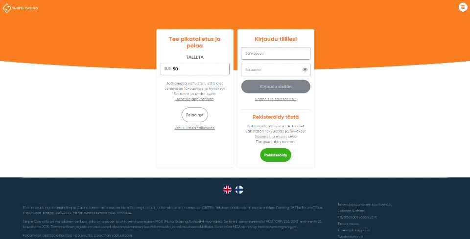 Kuvankaappaus Simple Casinolle rekisteröitymisestä, näkyvissä valinta pikatalletuksen ja rekisteröitymisen väillä