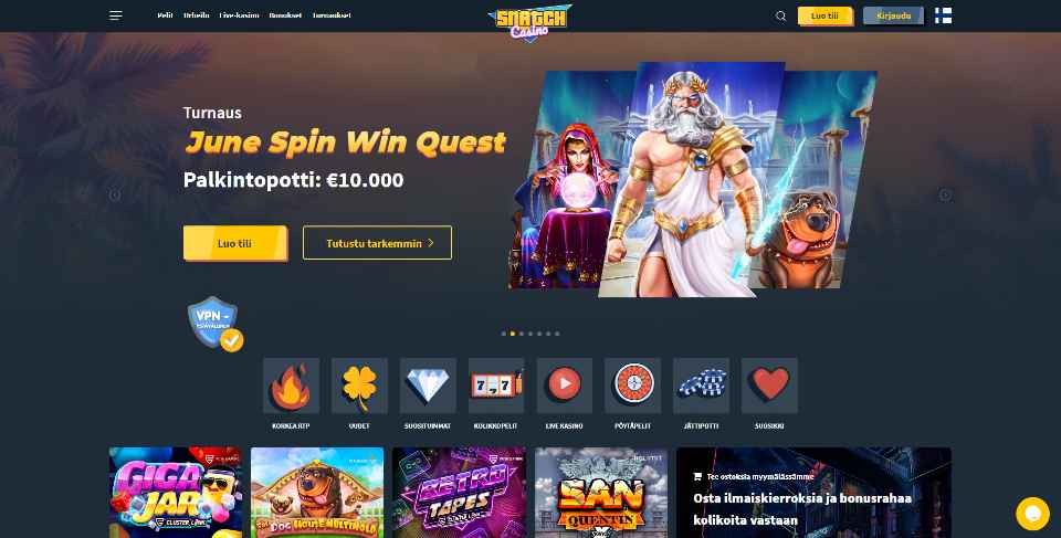 Kuvankaappaus Snatch Casinon etusivusta, näkyvissä turnaus-banneri kolmen peliautomaatin hahmoilla, valikot ja 4 peliautomaatin kuvakkeet tummalla taustalla