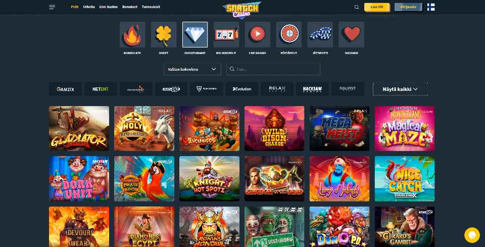 Kuvankaappaus Snatch Casinon peliaulasta, näkyvissä valikot ja 18 peliautomaatin kuvakkeet