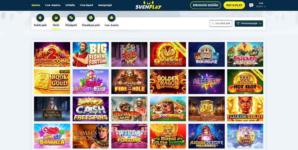 Kuvankaappaus Svenplay Casinon peliaulasta, näkyvissä valikot ja 24 peliautomaatin kuvakkeet