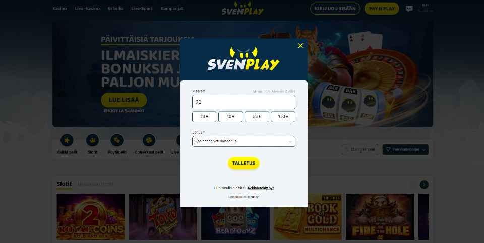 Kuvankaappaus Svenplay Casinon Pay N Play -talletuksesta, näkyvissä 20 € talletus ja bonus