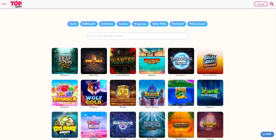 Kuvankaappaus Topkasinon peliaulasta, näkyvissä pelivalikot ja 18 peliautomaatin kuvakkeet