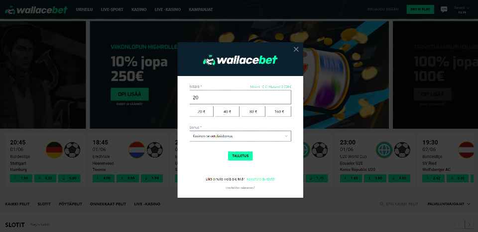 Kuvankaappaus Wallacebet Casinon Pay N Play -talletuksesta, näkyvissä 20 € talletus ja bonus