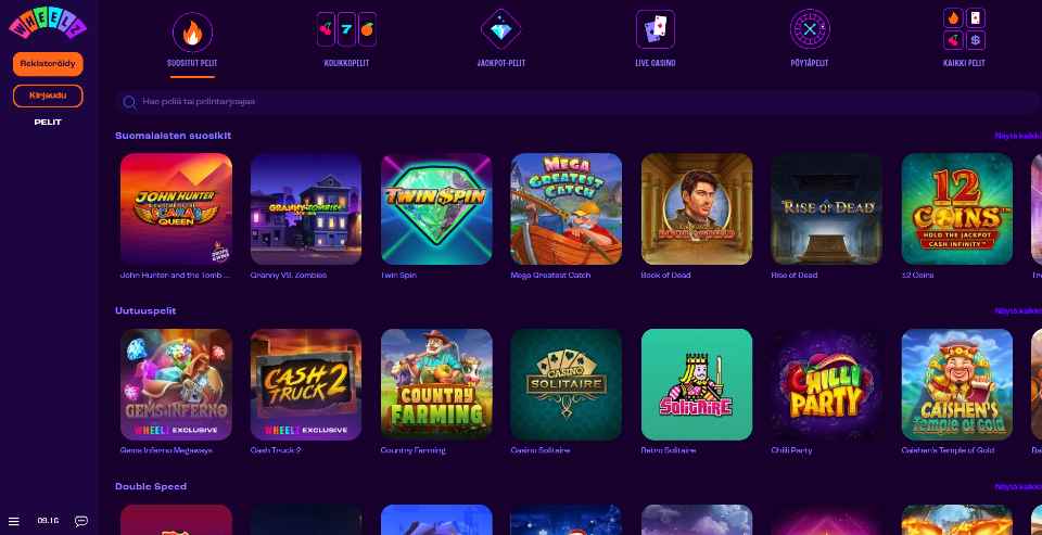 Kuvankaappaus Wheelz Casinon peliaulasta, näkyvissä valikot ja 19 peliautomaatin kuvakkeet