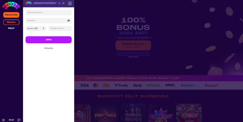 Kuvankaappaus Wheelz Casinolle rekisteröitymisestä, näkyvissä lomakkeen osa 1/2