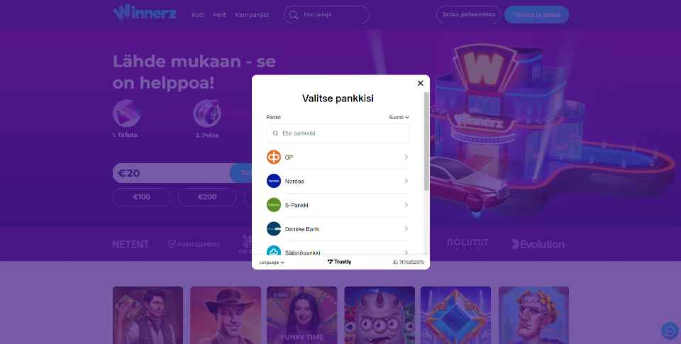 Kuvankaappaus Winnerz Casinon talletusikkunasta, näkyvissä 5 pankin logot ja Trustlyn logo