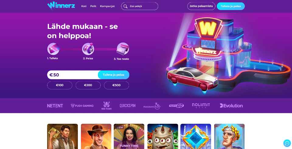 Kuvankaappaus Winnerz Casinon etusivusta, näkyvissä talletusikkuna, valikot, 6 peliautomaatin kuvakkeet ja piirros Winnerz-kasinosta