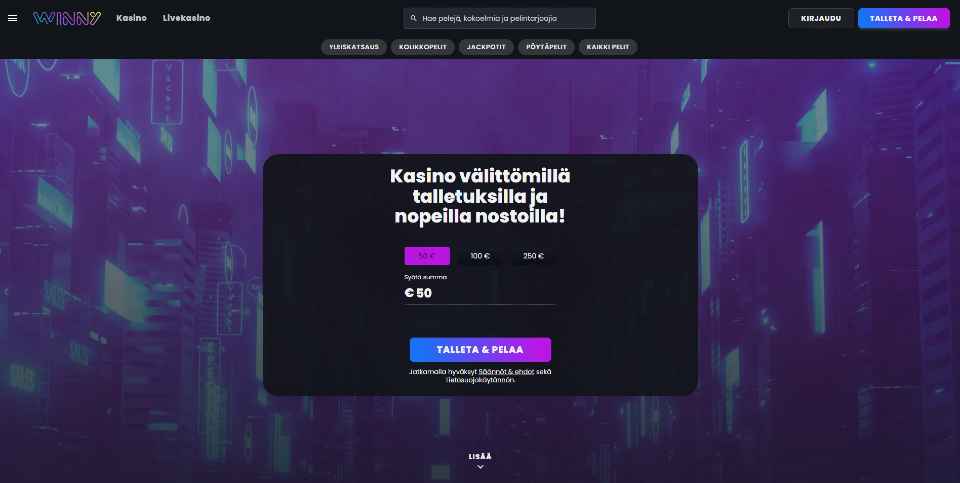 Kuvankaappaus Winny Casinon etusivusta, näkyvissä valikot ja talletusikkuna