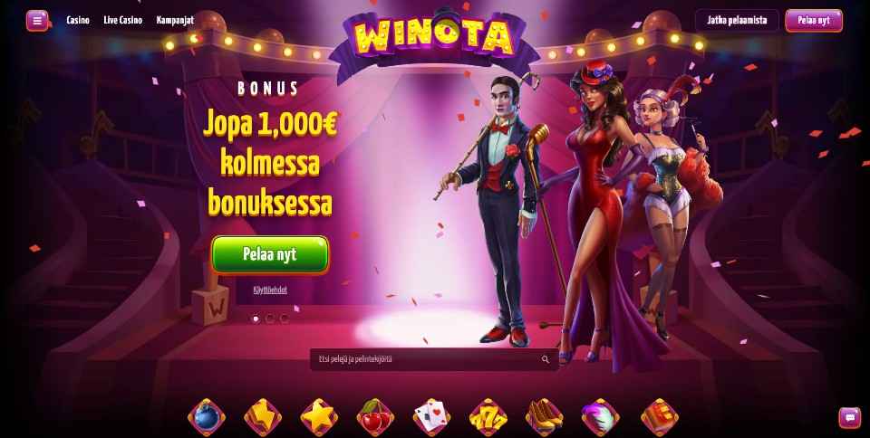 Kuvankaappaus Winota Casinon etusivusta, näkyvissä esiintymislava, jolla mies ja kaksi naista, bonus ja valikot