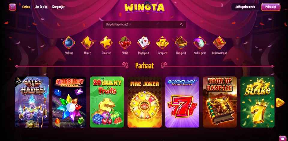 Kuvankaappaus Winota Casinon peliaulasta, näkyvissä 9 eri pelivalikkoa ja parhaat 7 peliautomaattia