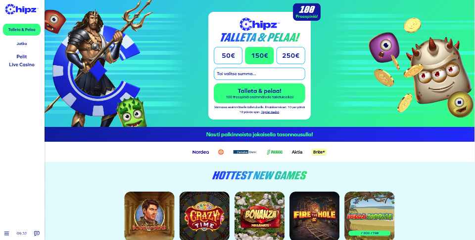 Kuvankaappaus Chipz Casinon etusivusta, näkyvissä Pay N Play talletusikkuna, peliautomaattien hahmoja, Briten ja 5 pankin logot sekä 5 peliautomaatin kuvakkeet