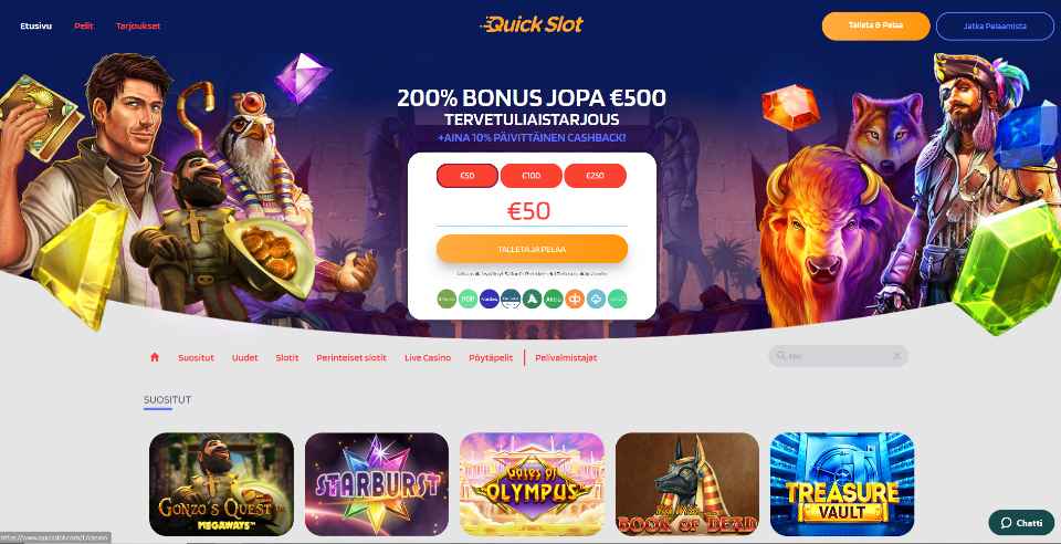 Kuvankaappaus Quick Slot Casinon etusivusta, näkyvissä tervetuliaisbonus, Pay N Play -talletusikkuna ja 5 peliautomaatin kuvakkeet