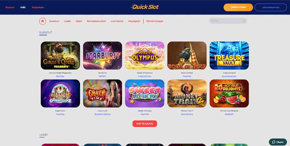 Kuvankaappaus Quick Slot Casinon peliaulasta, näkyvissä valikot ja 10 peliautomaatin kuvakkeet