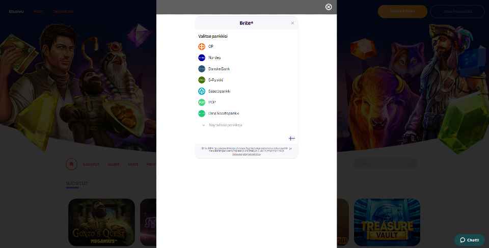 Kuvankaappaus Quick Slot Casinon talletusikkunasta, näkyvissä Brite-logo ja pankkien logoja