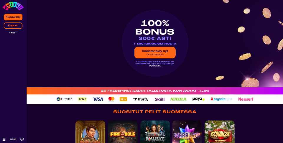 Kuvankaappaus Wheelz Casinon peliaulasta, näkyvissä tervetuliaisbonus, 11 maksutavan logot, valikot ja 5 suosittua peliä Suomessa tummalla taustalla