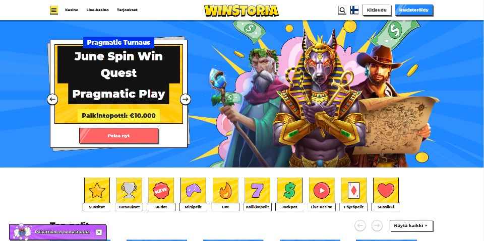 Kuvankaappaus Winstoria Casinon etusivusta, näkyvissä Pragmatic Playn turnausbanneri, kolmen peliautomaatin hahmot ja valikot