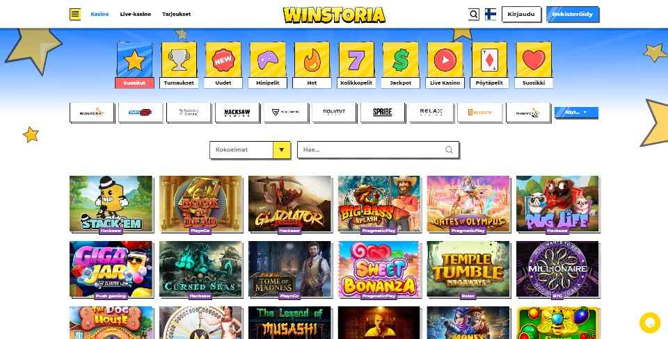 Kuvankaappaus Winstoria Casinon peliaulasta, näkyvissä valikot, 10 pelinkehittäjän logot, haku ja 18 peliautomaatin kuvakkeet