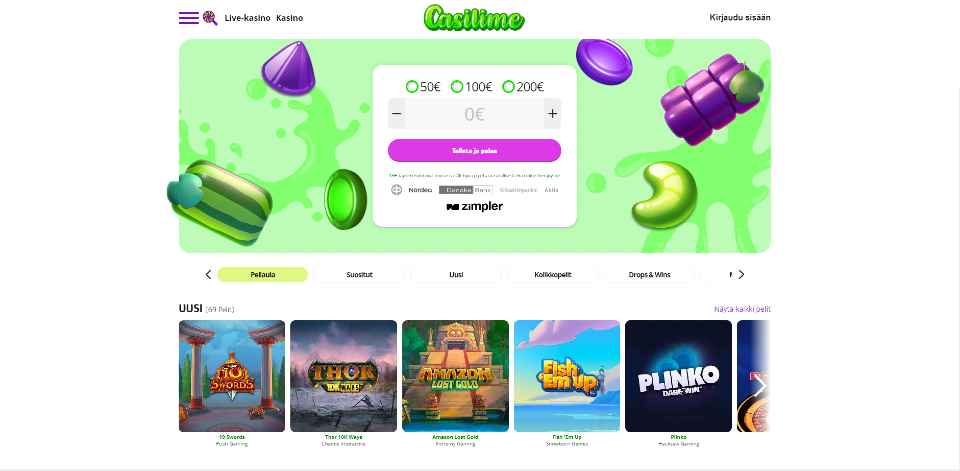Kuvankaappaus Casilime Casinon etusivusta, näkyvissä Pay N Play -talletusikkuna, valikot ja peliautomaattien kuvakkeita