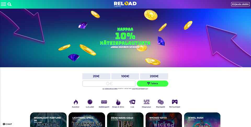 Kuvankaappaus Reload Casinon etusivusta, näkyvissä 10 % cashback tarjous ja valikot