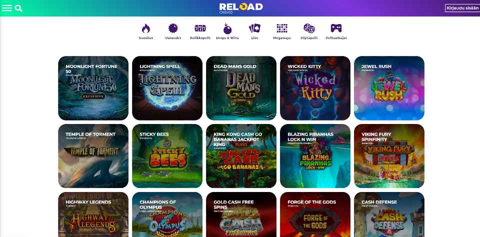 Kuvankaappaus Reload Casinon peliaulasta, näkyvissä pelivalikko ja 15 peliautomaatin kuvakkeet