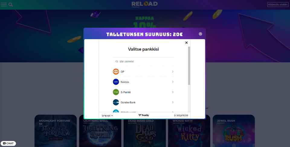 Kuvankaappaus Reload Casinon talletusikkunasta, näkyvissä 20 € talletus ja pankkien logoja