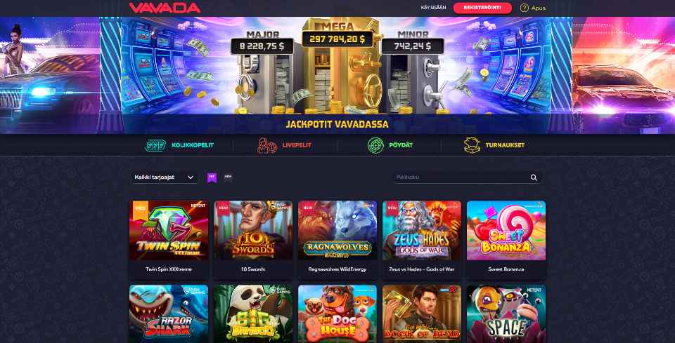 Kuvankaappaus Vavada Casinon etusivusta, näkyvissä jackpot-banneri, valikot ja 10 peliautomaatin kuvakkeet