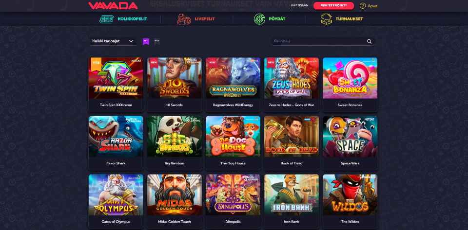 Kuvankaappaus Vavada Casinon peliaulasta, näkyvissä valikot ja 15 peliautomaatin kuvakkeet