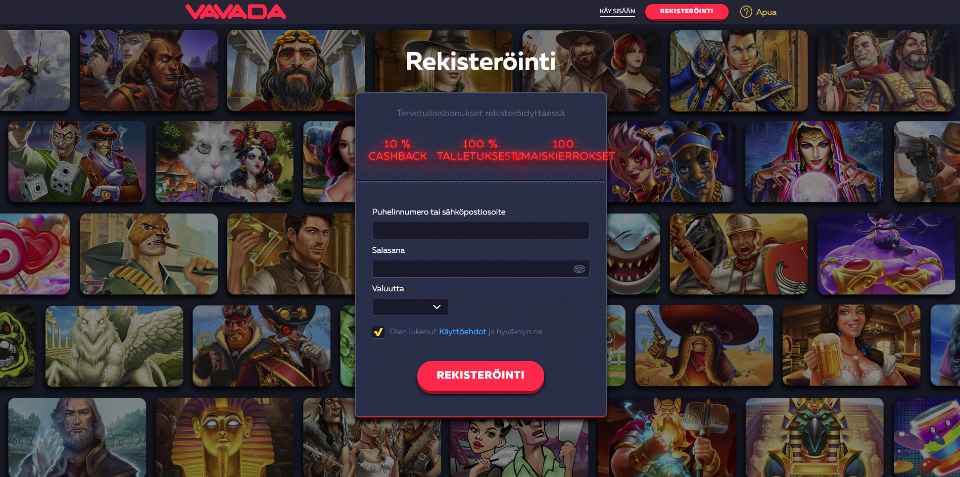 Kuvankaappaus Vavada Casinolle rekisteröitymisestä, näkyvissä bonukset ja lomake sekä taustalla pelejä