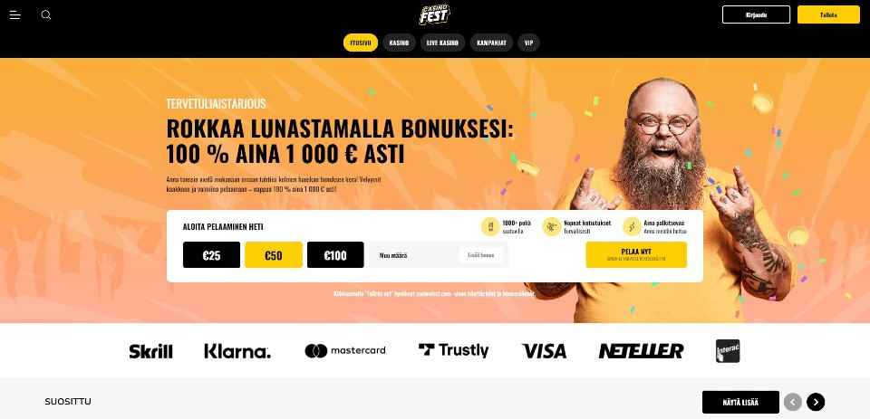 Kuvankaappaus CasinoFestin etusivusta, näkyvissä rock-henkinen ja parrakas mies ja tervetuliaisbonus oranssilla taustalla, sekä 7 maksutavan logot