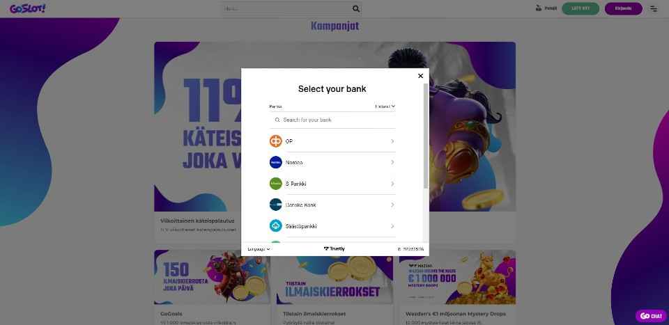 Kuvankaappaus GoSlot! Casinon Pay N Play -talletusikkunasta, näkyvissä pankin valinta ja 5 pankin logot