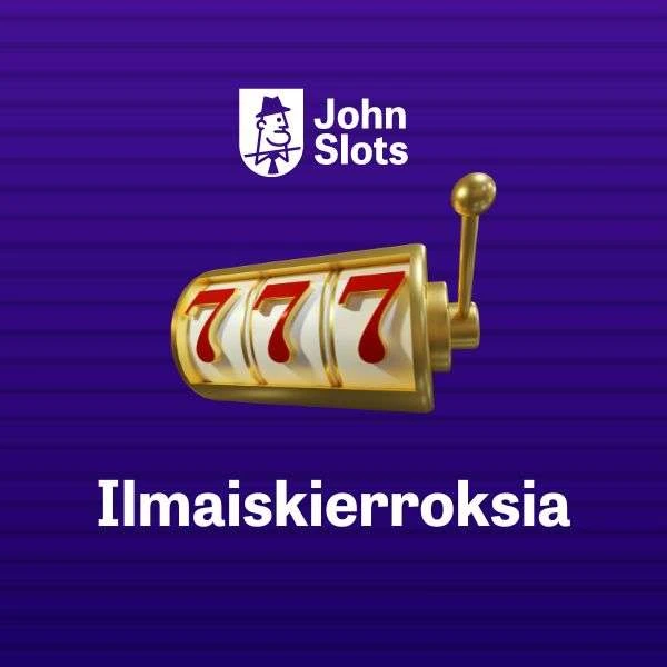 Valkoinen JohnSlots-logo, kolmen kelan peliautomaatti ja teksti 