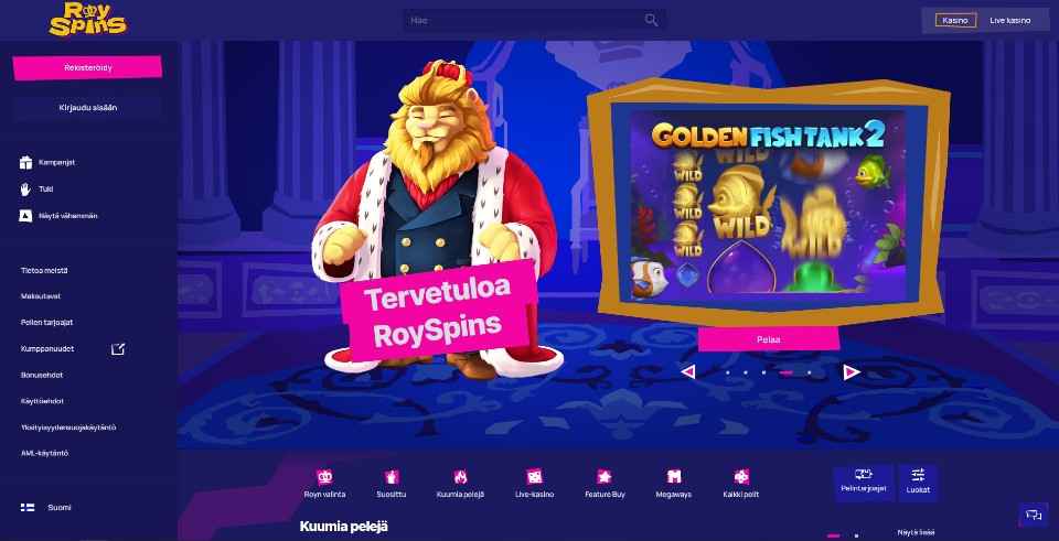 Kuvankaappaus RoySpins Casinon etusivusta, näkyvissä leijohahmo kuninkaan kruunulla ja viitalla varustettuna, Golden FishTank 2 pelin kuvake ja valikot