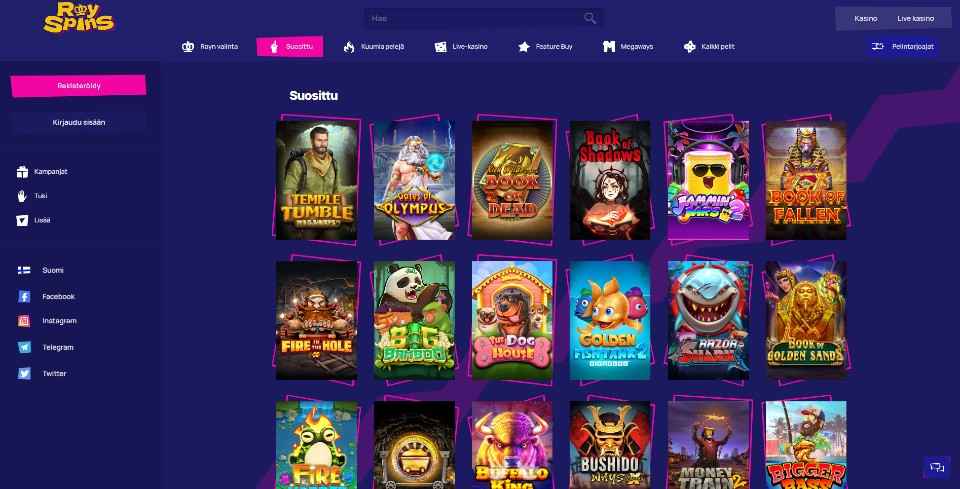 Kuvankaappaus RoySpins Casinon peliaulasta, näkyvissä valikot ja 18 peliautomaatin kuvakkeet