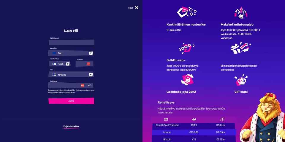 Kuvankaappaus RoySpins Casinolle rekisteröitymisestä, näkyvissä lomake ja tietoa kasinosta