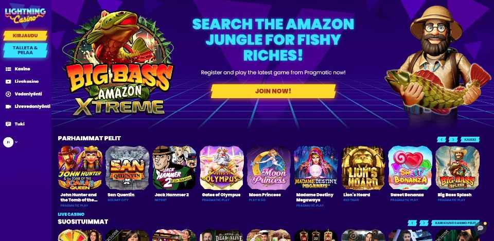 Kuvankaappaus Lightning Casinon etusivusta, näkyvissä Big Bass Amazon Xtreme -pelin banneri pelin hahmoineen, valikot ja 9 peliautomaatin kuvakkeet