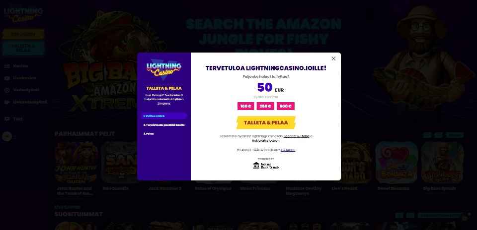 Kuvankaappaus Lightning Casinon Pay N Play -talletusikkunasta, näkyvissä 50 € talletus